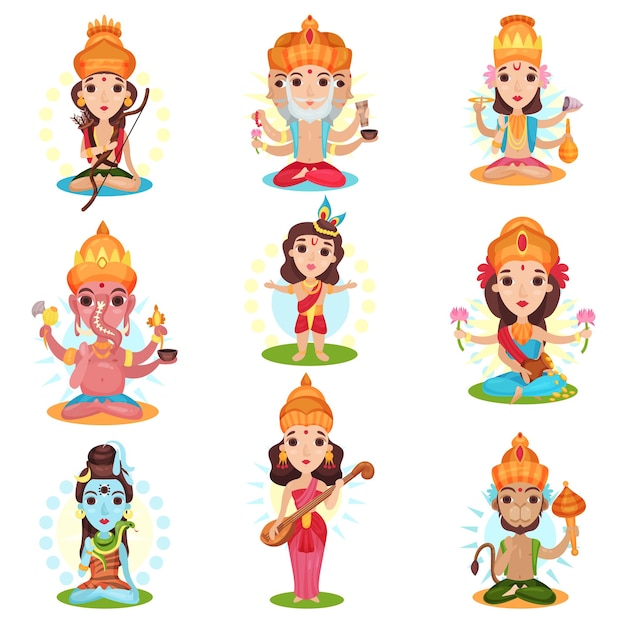 Vector indian god and goddess set rama brahma kali ganesha lakshmi shiva saraswati hanuman vector illustrations isolated on a white background