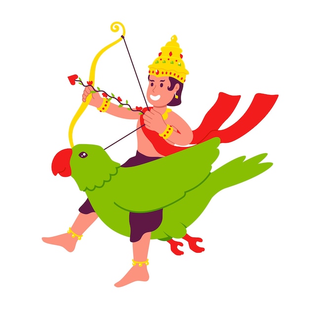 Indian god Kamadeva in golden robes with bow on green parrot