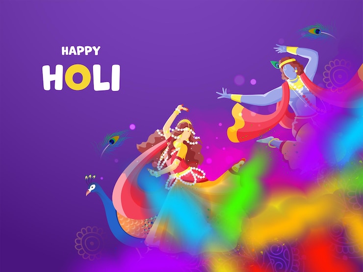 Vector indian god krishna and radha celebrating holi festival