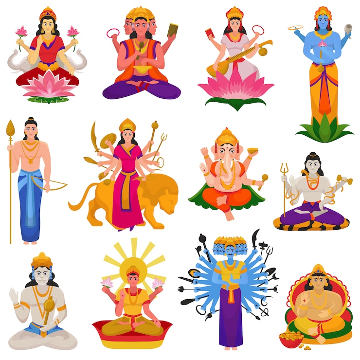 Vector indian god vector hindu godhead of goddess character and hinduism godlike idol ganesha in india illustration set of asian godly religion