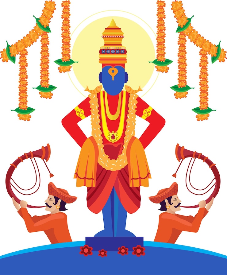 Vector indian god vitthal with flowers and tutari man