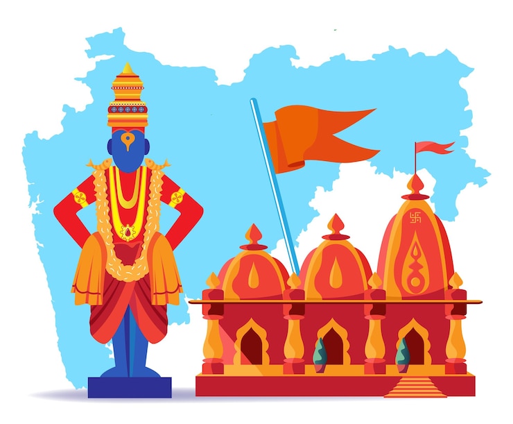 Vector indian god vitthall pandurang with temple and maharastra map