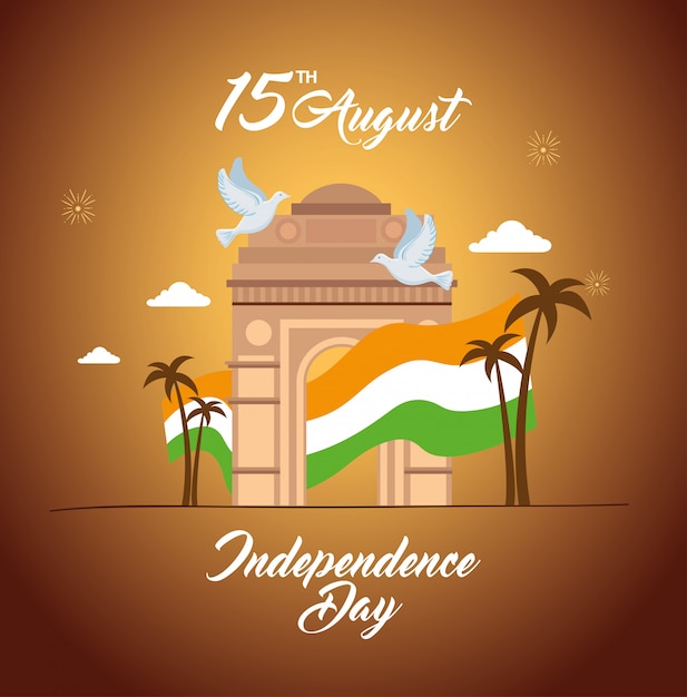 Indian happy independence day card, celebration 15 august, with gate monument and flag of india