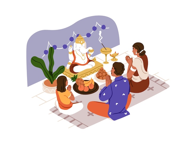 Вектор Индуистская семья молится богу ганеше религиозные молитвы в индии традиционное поклонение богу в праздники индуизм религия концепция плоская графическая векторная иллюстрация изолирована на белом фоне