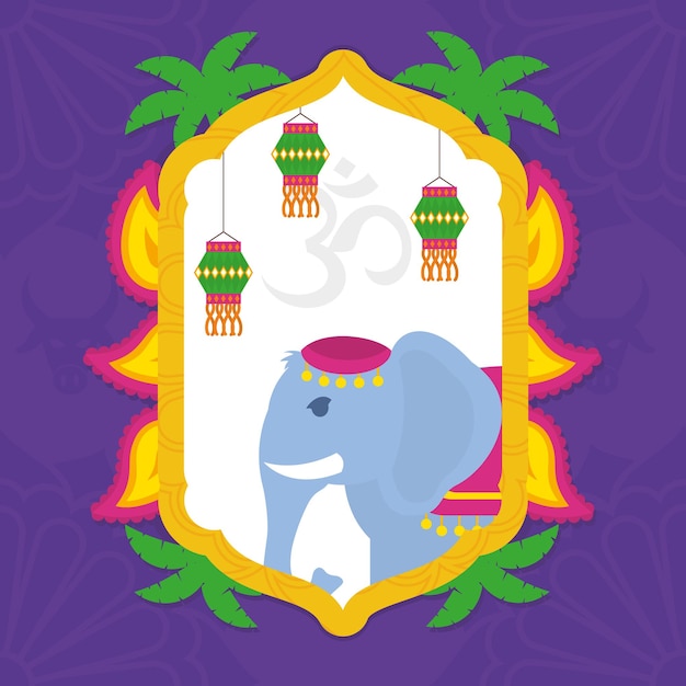 Indian illustration with elephant and lanterns