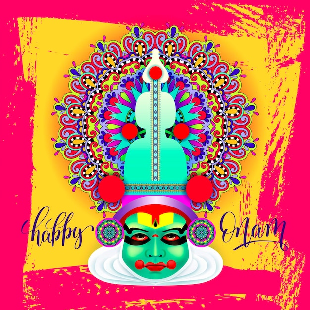 indian kathakali dancer face decorative modern vector illustration with hand lettering