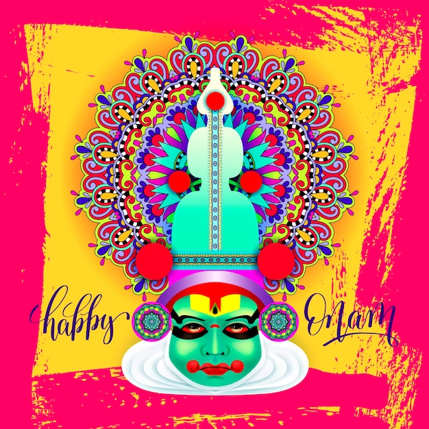 Vector indian kathakali dancer face decorative modern vector illustration with hand lettering