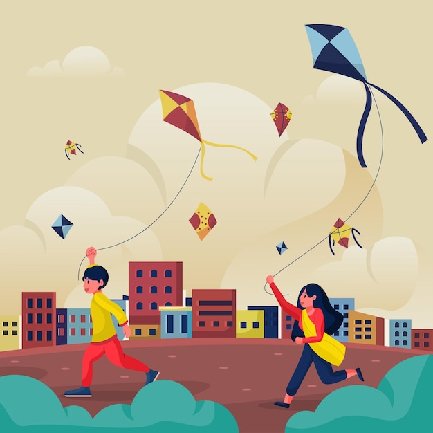 Vector indian kids celebrating makar sankranti