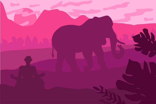 Индийский пейзаж со слоном и йогом. Панорама тропической дикой природы. Естественная сцена. Розовый закат. Вектор