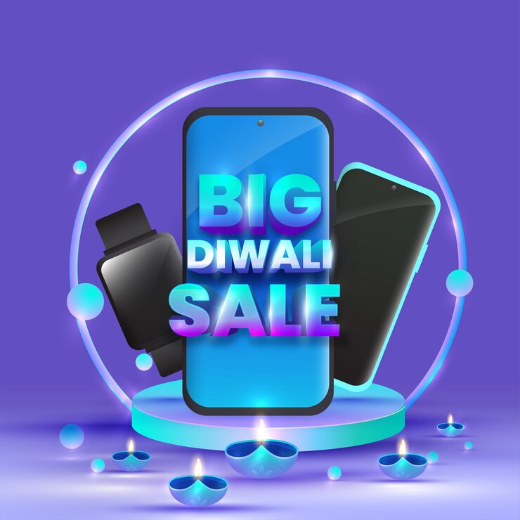 वेक्टर indian light festival diwali big sale concept with smart phones watch shopping bags and realistic oil lit lamps on blue background