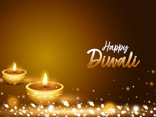 Indian Light Festival Happy Diwali Celebration Banner or Header with Realistic Illuminated Golden Oil Lit Lamps on Brown Lights Effect Background