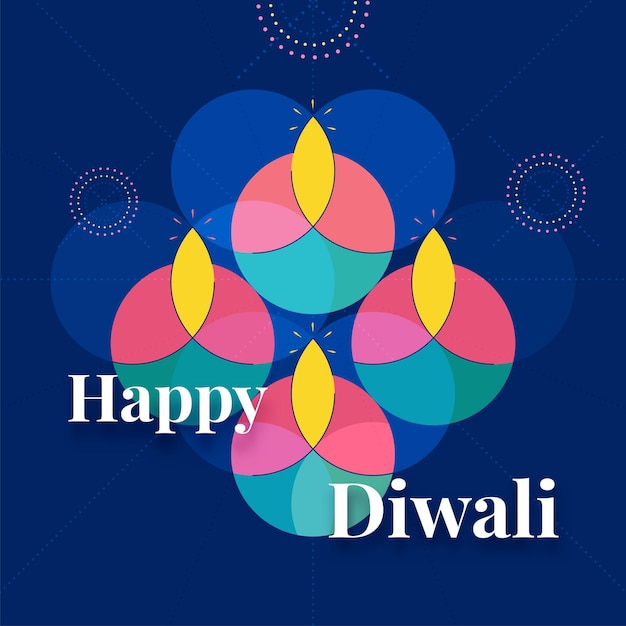 Indian Light Festival Happy Diwali Celebration with Colorful Geometric Circles Oil Lit Lamps Fireworks on Blue Background