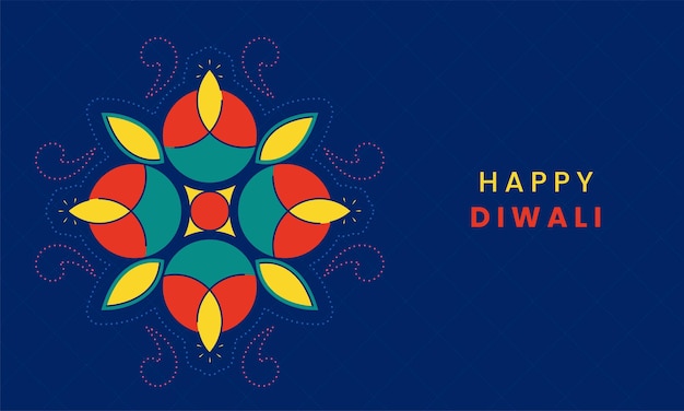 Индийский световой фестиваль Happy Diwali Celebration with Colorful Geometric Circles Oil Lit Lamps Mandala на синем фоне