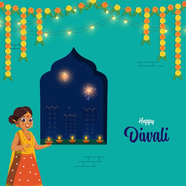 Indian light festival happy diwali celebration with young indian girl decorating windows with realistic oil lit lamps merigold garlands and fireworks on blue sky background