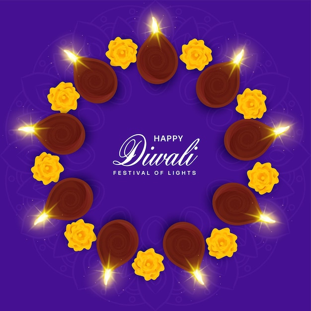 Vettore festival della luce indiana happy diwali festival con vista dall'alto lampade a olio accese diya e fiori di calendula su sfondo viola mandala