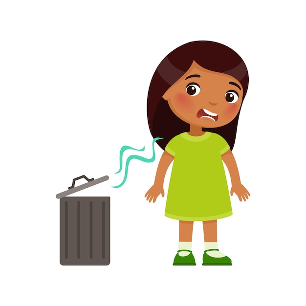 Вектор Индийская маленькая девочка не любит неприятный запах из мусорного ведра. выражение эмоций на лице.