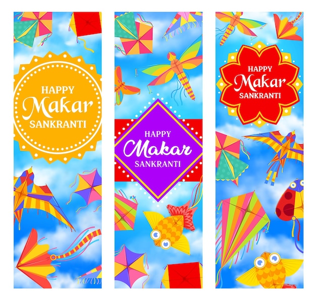 Vector indian makar sankranti holiday banners kites sky