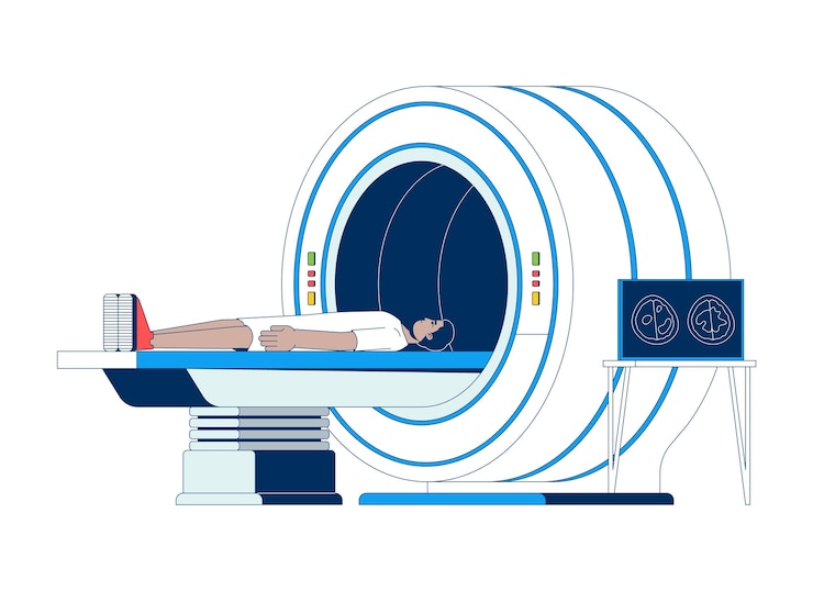 Vector mri 스캔을 받는 인도 남성 환자 2d 만화 캐릭터