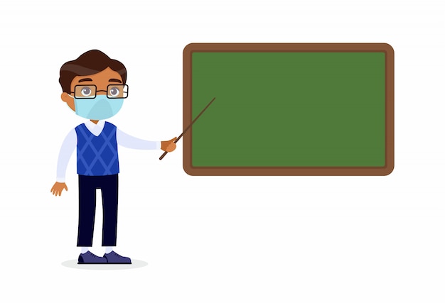 Indian male teacher with protective masks on his face standing near blackboard. tutor pointing at blank chalkboard in classroom cartoon character.  respiratory virus protection, allergies concept.