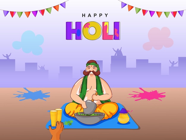 Vector indian man grinding marijuana for making traditional drink thandai on the occasion of happy holi