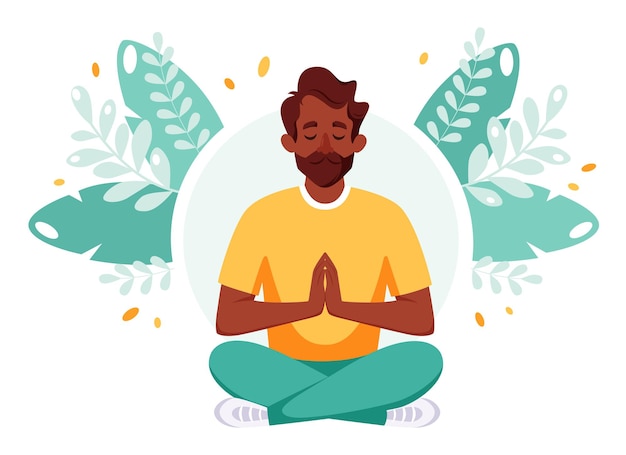 Vector indian man meditating in lotus pose healthy lifestyle yoga relax wellbeing recreation