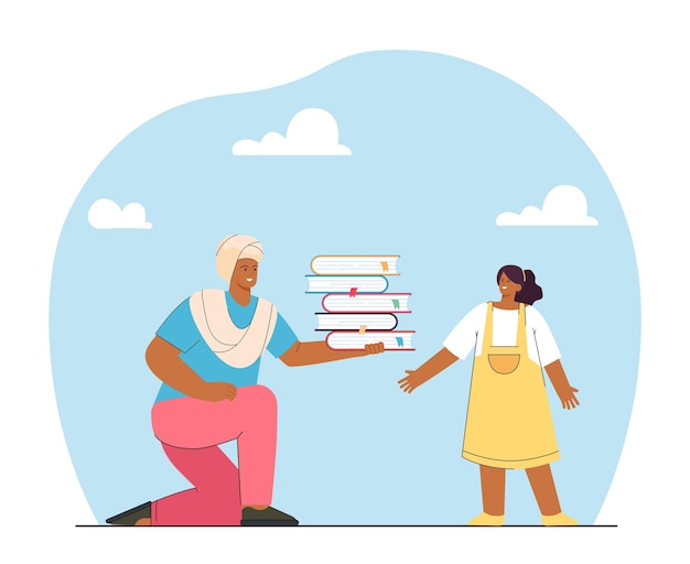 Indian man on one knee holding books and stretching them to his daughter. Father helping to study his child flat vector illustration. Education concept for banner, website design or landing web page