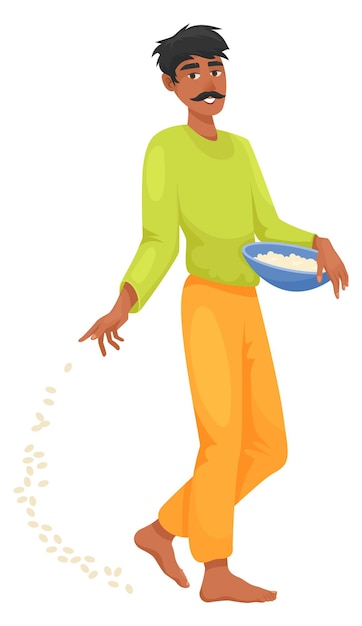 쌀을 심는 인도 남자 아시아 캐릭터 드롭 씨앗 흰색 배경에 고립