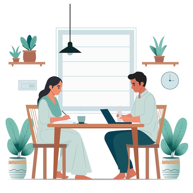 Vector indian man and woman couple working from home