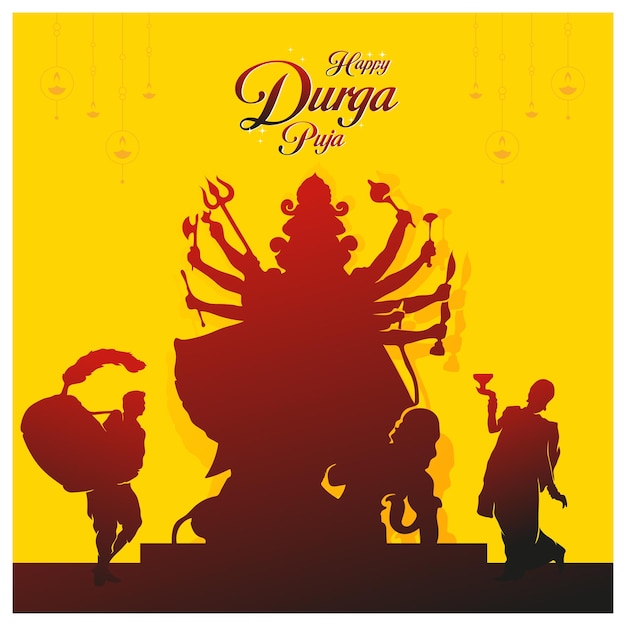 Indian man and women celebrating durga puja silhouette by dancing dhunuchi and drumming