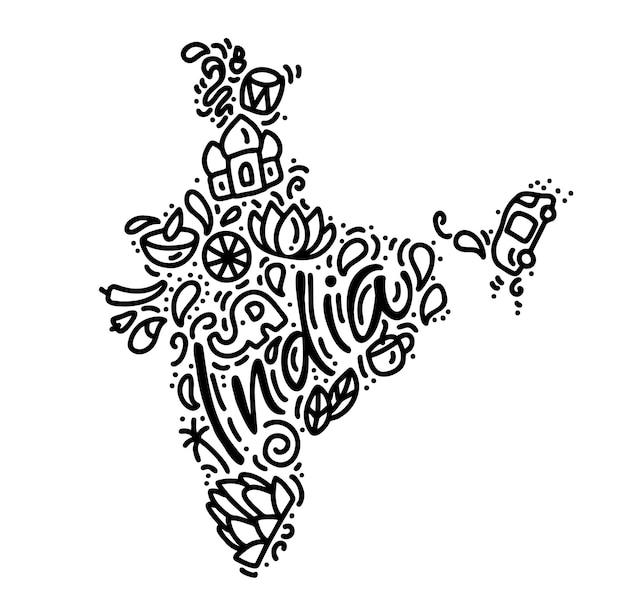 Vettore testo della calligrafia nera della mappa indiana e disegno dell'illustrazione vettoriale del doodle happy republic day india