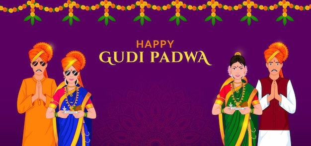 Coppia indiana maratha che celebra gudi padwa per il festival di capodanno e ugadi