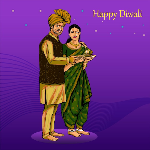 Indian Marathi Couple wearing traditional clothes for Diwali festival with purple background.