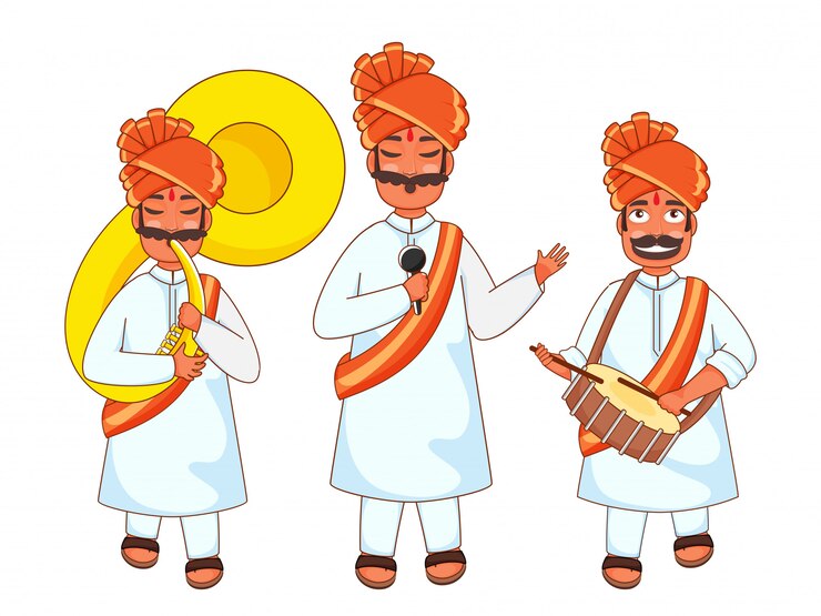 वेक्टर indian men playing snare drum, sousaphone and singing from microphone.