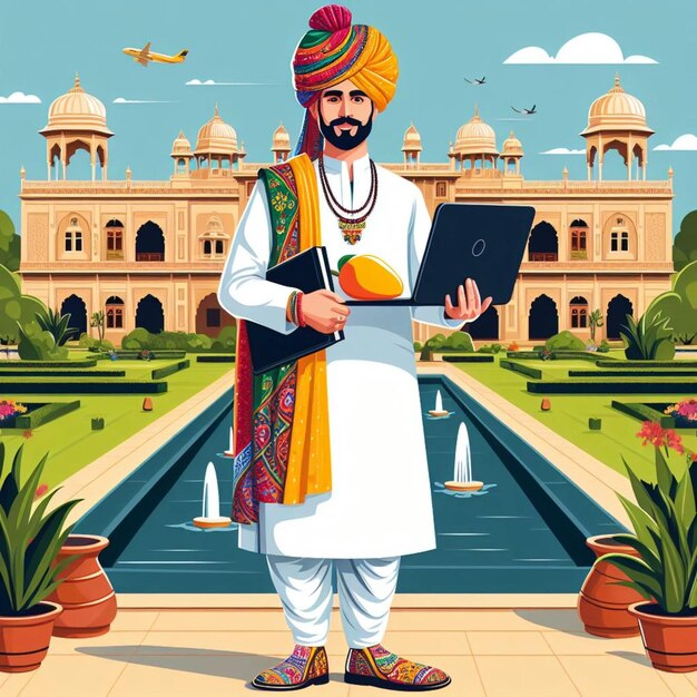 Indian men in traditional clothes and holding laptop vector illustration