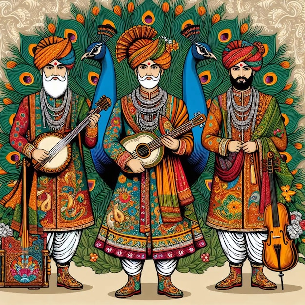 Vettore uomini indiani in abiti tradizionali che suonano musica illustrazione vettoriale