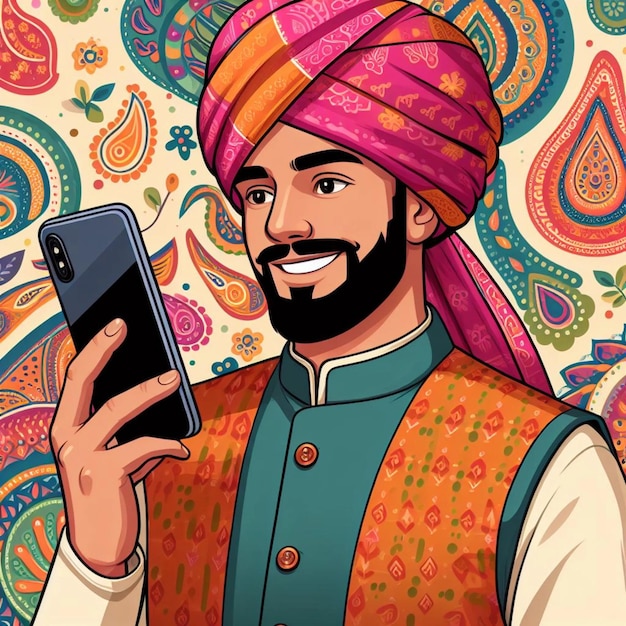 Indian men in traditional clothes watching mobile vector illustration