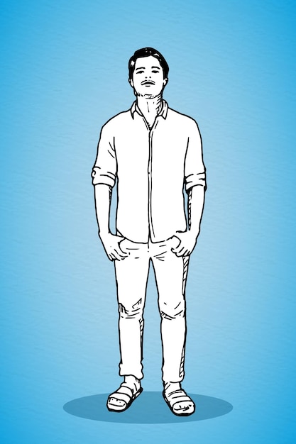 Indian mid age confident man with beard wearing shirt standing hand in pocket line drawing