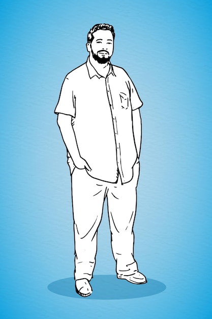 Vector indian mid age confident man with beard wearing shirt standing hand in pocket line drawing