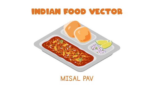 Vector indian misal pav spicy curry topped with farsan, onion vector clipart. asian food. indian cuisine