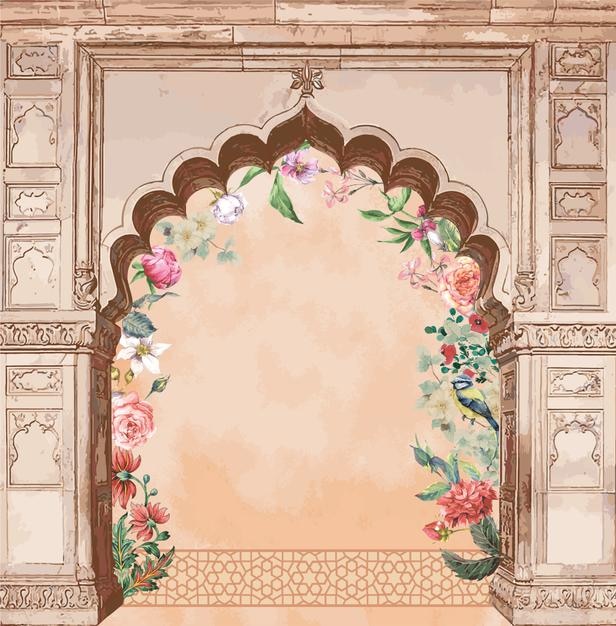 Indian Mughal hand drawn floral arch illustration for invitation