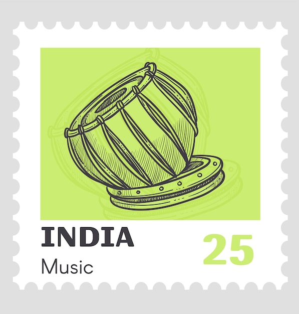 Strumenti musicali indiani e timbro postale della cultura