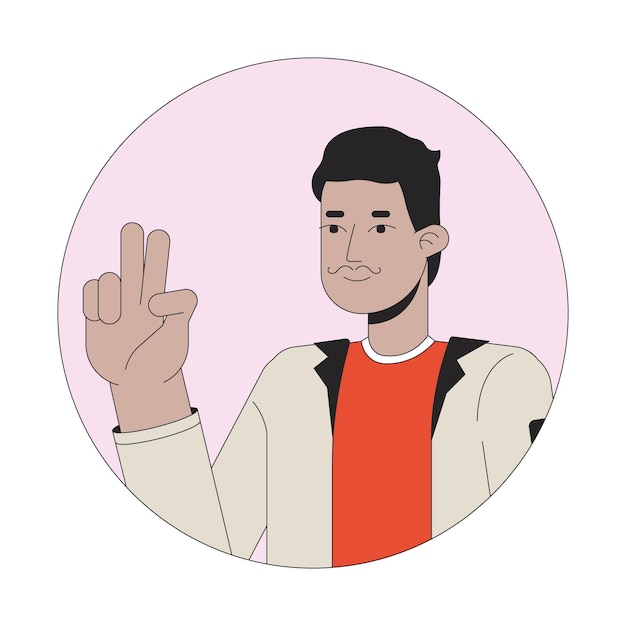 indian mustache man peace sign hand 2d line vector avatar illustration adult south asian moustache guy taking selfie outline cartoon character face mood fun flat color user profile image isolated