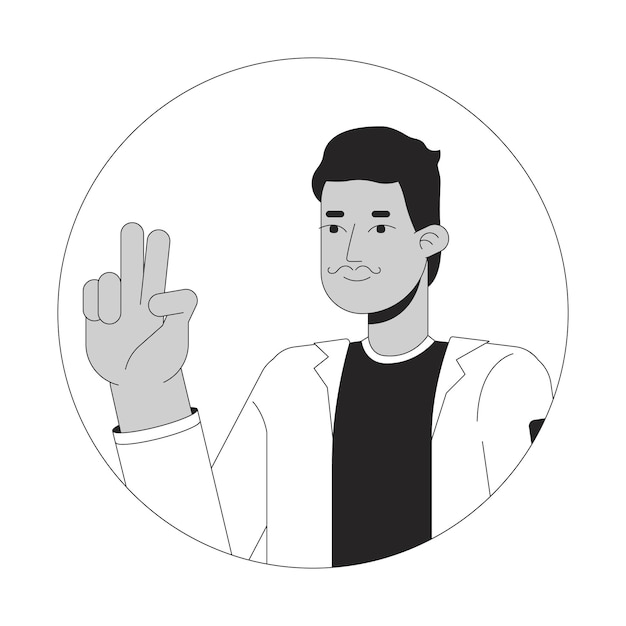 indian mustache man peace sign hand black and white 2d vector avatar illustration adult south asian moustache guy taking selfie outline cartoon character face isolated flat user profile image