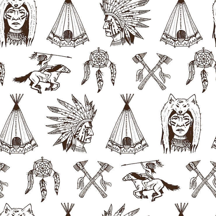 Vector indian or native american seamless pattern axes and tent dreamcatcher and cherokee tomahawk set of engraved vintage hand drawn old labels or badges