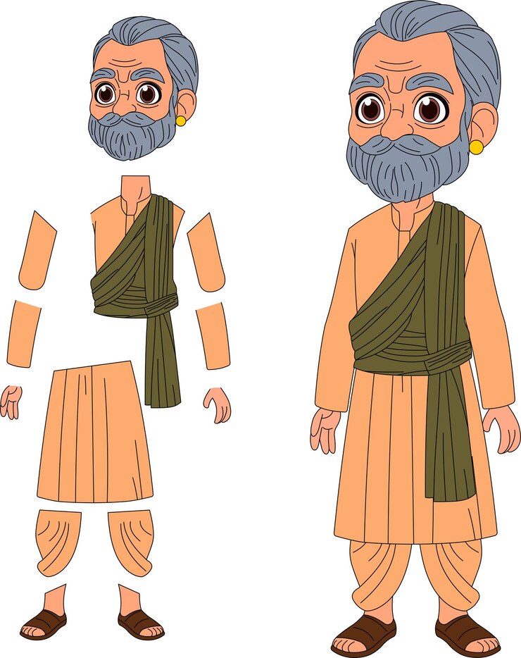 वेक्टर भारतीय बूढ़ा आदमी मॉडल शीट कार्टून चित्रण