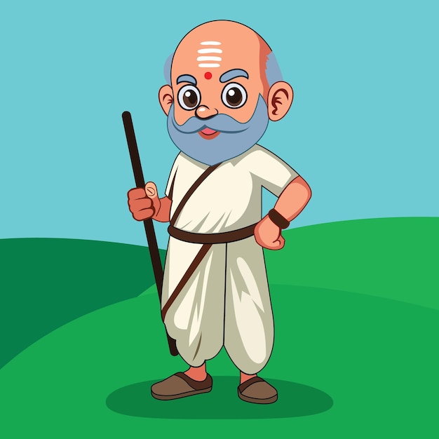 Vettore un vecchio personaggio di cartone animato di un villaggio indiano in piedi da solo con un bastone in mano