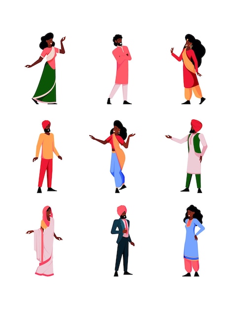 인도 사람들 아랍어 정통 사람 차이 세련된 국가 옷을 입은 인도 사람 벡터 평면 컬러 사진