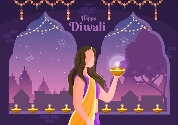 Indian people celebrating diwali day holding lanterns, lighting fireworks and mandala or rangoli art with the background vector illustration festival of lights