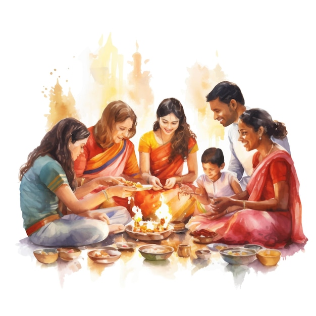 Indian people celebrating diwali festival watercolor painting on white background