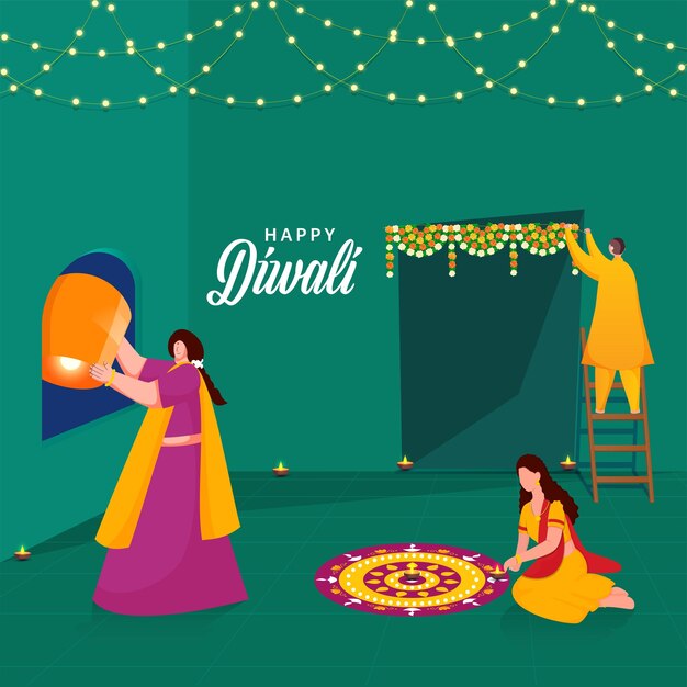 Vector indian people celebrating or enjoying festival of diwali against teal green background